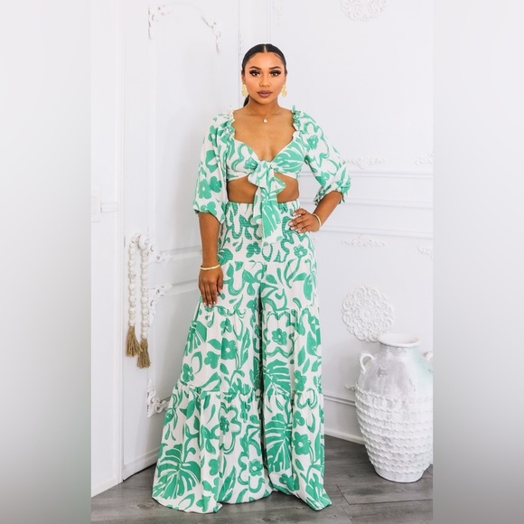 Pants - Floral Green and White pant set